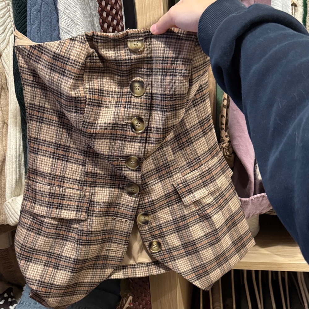 Anthropologie Brown Plaid Buttoned Vest
